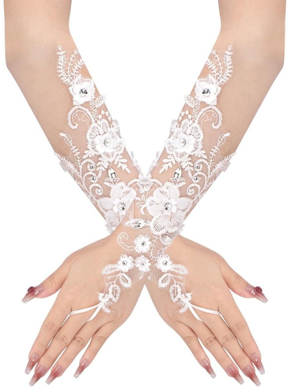 Women's White Style 2 rhinestone Fingerless Lace Party Elegant Bridal Gloves